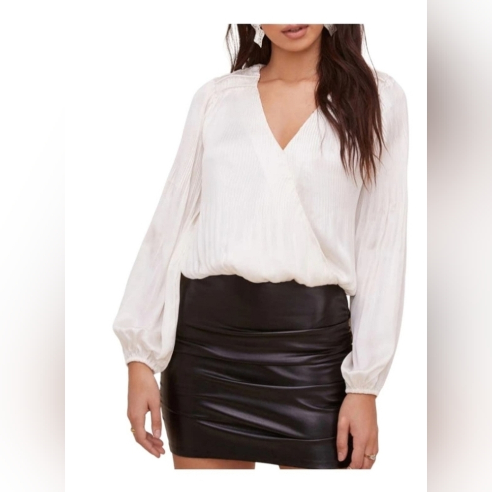 Revolve Astr the Label White Satin Bell Sleeves Pleated Off White Top Size S